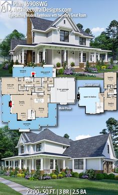 two story house plan with 3 bedroom and 2 bathrooms in the front, an open floor plan