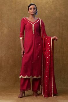 Red kurta with sequin and stone embroidery and a scalloped hem. Paired with a pant and embroidered dupatta. - Aza Fashions Festive Red Embellished Set, Red Embellished Dupatta, Red Embellished Fitted Dupatta, Fitted Red Embellished Dupatta, Red Straight Kurta Set With Mirror Work, Red Kurta With Gota Work For Party, Red Gota Work Kurta For Party, Red Party Kurta With Gota Work, Red Bollywood Palazzo Set With Gota Work