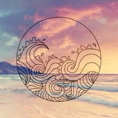 the sun is setting over the ocean and there are waves in the circle on the sand