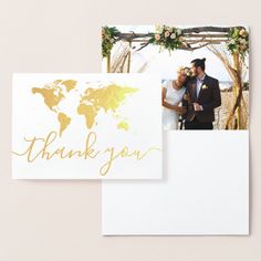 a wedding thank card with the word thank you on it and a photo of a bride and groom