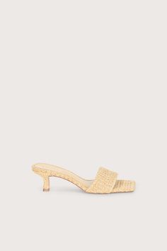 A square-toed open sandal in natural knit straw with a curved kitten heel. — Natural knit straw — Comma-heel — Rubber sole — Square toe Iconic Shoes, Cult Gaia, Kitten Heel, Rubber Sole, Investment, Kitten Heels, Straw, Kittens, Shower