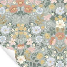 a wallpaper with flowers and leaves in pastel colors on a light green background