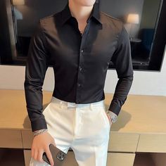 SPECIFICATIONS Material: Polyester Fiber Shirts Type: Dress Shirts Applicable Scene: Office Style: Smart Casual Sleeve Length(cm): Full Applicable Season: Spring and Autumn Gender: MEN Item Type: Shirts Collar: Turn-down Collar Closure Type: Single Breasted Sleeve Style: Regular Fabric Type: Broadcloth Pattern Type: Solid Male Blouse, Business Shirts Men, Mens Work Shirts, Prom Tuxedo, Blouse Man, Tuxedo Shirt, White Tuxedo, Camisa Social, Tuxedo Dress