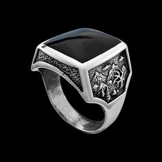 Size 11.5 - Sterling Silver Mountain Scene Square Inlay Ring. The top of this ring is inlaid with black resin. This ring measures approximately 3/4" of an inch tall and 5/8" of an inch wide.  Made proudly in the USA Formal Black Enamel Ring With Polished Finish, Black Enamel Ring With Polished Finish For Formal Occasions, Formal Black Engraved Ring With Polished Finish, Black Engraved Ring With Polished Finish For Formal Occasions, Symbolic Black Sterling Silver Engraved Ring, Symbolic Black Engraved Sterling Silver Ring, Symbolic Black Engraved Ring As Gift, Symbolic Black Engraved Ring For Gift, Black Symbolic Signet Ring With Polished Finish