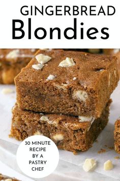 gingerbread blondies are stacked on top of each other, with the title above it