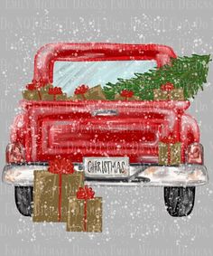 an old red truck with presents in the back