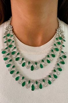 Silver tone layered necklace, embellished by clear diamond stone and green emerald tear drops. Comes with pair of earrings. - Aza Fashions Emerald Green Jewelry, Emerald Green Stone, Tear Drops, Jewellery Sets, Green Jewelry, Teardrop Necklace, Green Diamond, Floral Vine, Jewelry Choker