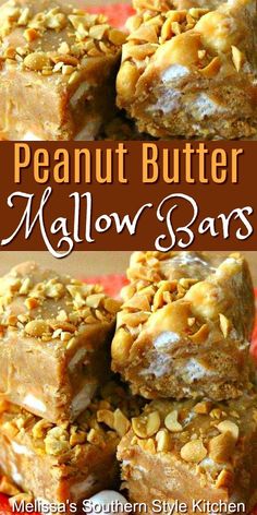 peanut butter mallow bars stacked on top of each other with nuts in the middle