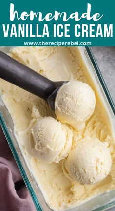 homemade vanilla ice cream in a glass dish with a black spoon and text overlay that reads homemade vanilla ice cream