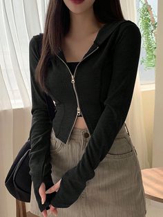 Black Casual Collar Long Sleeve Knitted Fabric Plain  Embellished Non-Stretch  Women Clothing Moda Ulzzang, Moda Kpop, Korean Casual Outfits, Korean Girl Fashion, Ulzzang Fashion, Mein Style, Mode Hijab, Kpop Fashion Outfits, Inspired Outfits