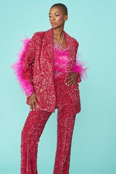 Stand out from the crowd with our double-breasted sparkling pink sequin blazer featuring feather trim arms and silk lining. We just love how this instantly adds sparkle to your outfit, whether it's with a tee and jeans for a day-to-night look, or teamed with its sequin trousers co-ord.    77% Polyester  23% Elastane  Lining: 100% Viscose Pink Sequin Blazer, Sequin Trousers, Season Outfits, Dress Down Day, Yellow Coat, Sequin Blazer, Cashmere Gloves, Cashmere Dress, Maxi Coat