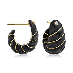 Ross-Simons - Black Jade, .10ct t. w. White Topaz J-Hoop Earrings, 14kt Yellow Gold. 5/8". Go for a more dramatic approach! Our 22x11mm carved black jade J-hoop earrings are a beautifully bold look, featuring bright .10 ct. t. w. white topaz rounds and 14kt yellow gold stripes for a luxe touch. Hanging length is 5/8". Post/clutch, white topaz and black jade J-hoop earrings. Black Jade, Fine Jewelery, Jewelry Essentials, Topaz Stone, Jade Stone, Gold Stripes, Stone Cuts, Fine Jewellery Earrings, Black Stone