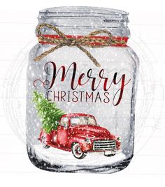 a red truck with a christmas tree in it's back sitting inside a glass jar