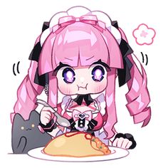 an anime character sitting at a table with a plate of food in front of her