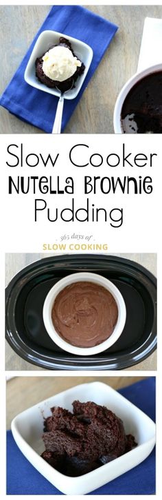 chocolate pudding in a white bowl with the words slow cooker nutella brownie pudding