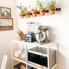 a kitchen area with a microwave, blender and potted plants on the wall