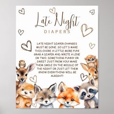 a card with foxes and hearts on it that says late night diaper change is here