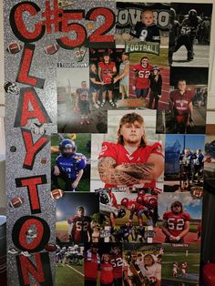 a collage of football players is displayed on a bulletin board in the school's locker room