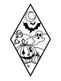 a black and white drawing of halloween pumpkins with bats, moon and stars in the background