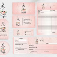 a set of business cards, tags and stickers for a wedding dress shop or boutique