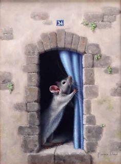 a painting of a mouse in a window with a curtain on it's side