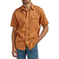 Every sharp dressed man has a soft side. This Wrangler Short Sleeve Shirt takes your soft side to the next level, crafted in an ultra-soft cotton blend with a touch of spandex so you can flex in comfort, this classic woven shirt feels as good as it looks. Two flap chest pockets with button closure keep essentials secure. Tucked or untucked, it looks great with your favorite jeans, shorts and khakis. Size: L.  Color: Orange.  Gender: male.  Age Group: adult. Wrangler Shorts, Button Up Shirt Mens, Sharp Dressed Man, Short Sleeve Button Up, Favorite Jeans, Jeans Shorts, Color Orange, Men Short Sleeve, Men Dress