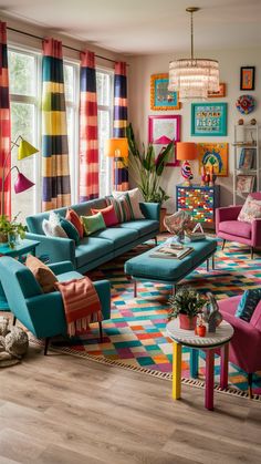 a colorful living room with lots of furniture