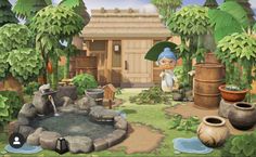 an animated image of a woman watering water in a garden with potted plants and trees