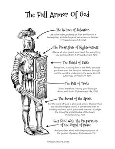 the full armor of god is shown in this black and white drawing, with information about it