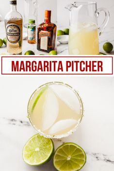 margarita pitcher with limes and bottles in the background