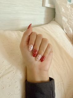 almond shape, acrylic Easy Nail Inspo Almond, All Red Almond Nails, White And Red Polka Dot Nails, Red And Green Polka Dot Nails, Red Nails With White Polka Dots, Red Nails With White Dots, Solid Nails With Design, Red Nails With Polka Dots, Christmas Dot Nails