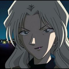 an anime character with blonde hair and blue eyes looking at the camera in front of a cityscape