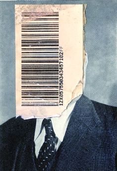 a man wearing a suit and tie with a bar code on his face behind him