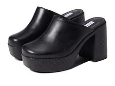 Steve Madden Bowe Clog - Women's Shoes : Black Leather : Give your everyday style a 70s retro-inspired touch in the Steve Madden Bowe Clog. Slip on style. Classic round toe silhouette. Cushioned footbed offers lasting comfort. Block heel platform clog. Leather upper. Synthetic lining, insole and outsole. Imported. Measurements: Heel Height: 4 in Platform Height: 1 1 4 in Product measurements were taken using size 8, width M. Please note that measurements may vary by size. Weight of footwear is b Steve Madden Clogs, Black Open Toe Clogs With Chunky Platform, Black High Heel Platform Clogs, Black Platform Slip-on Clogs, Black Platform Heels Clogs & Mules, Brown Clogs, Rubber Clogs, Black Clogs, Platform Clogs