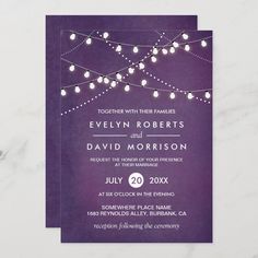 a purple and white wedding card with string lights