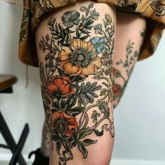 Knee To Ankle Tattoo, Tattoo Alternative Style, Color To Black And White Sleeve Tattoo, Whimsical Leg Sleeve, Garden Leg Tattoo, Floral Hip Tattoo Thigh Piece, Moth Sleeve Tattoo, Women’s Leg Sleeve, Flora And Fauna Tattoo