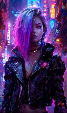 a woman with pink hair and piercings standing in the middle of a neon city