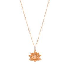 A highlight of our signature Lotus jewelry collection, this necklace features a hand carved lotus flower with realistic detailing, symbolizing rebirth, and purity of body, mind, and speech. Lotus charm measures 20 mm across and hangs 10 mm down from a delicate CZ pave bail. Hung on a rose gold filled cable chain, 16 inches + 3 inch extender. "May you live like the lotus, at ease in the muddy water" ~ Unknown. ches. Buddhist Scriptures, Lotus Flower Necklace, Unwavering Faith, Lotus Necklace, Lotus Jewelry, Gold Lotus, The Lotus Flower, Will To Live, Cycle Of Life