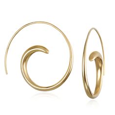 Gold Earrings - Simple and exquisite, these gracefully tapered swirls of 18k gold vermeil curve into an elongated ear wire, creating a flowing hoop silhouette.<br><br><b>Dimensions: <b><br>Medium: 1.13dia.<br>Large: 1.5dia. Elegant Swirl Earrings With Ear Wire, Elegant Swirl Ear Wire Earrings, Elegant Swirl Hoop Earrings As Gift, Gold Curved Jewelry With A Modern Twist, Gold Jewelry With A Modern Curved Design, Gold Minimalist Spiral Wrap Earrings, Modern Spiral Hoop Earrings, Gold Swirl Earrings With Ear Wire, Elegant Gold Spiral Wrap Earrings