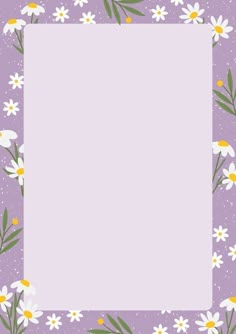 a square frame with daisies and green leaves on a purple background, surrounded by small white flowers