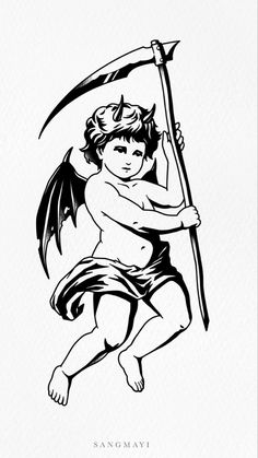 a black and white drawing of a cupid holding a spear