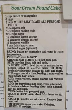 a recipe for sour cream pound cake is shown on a paper towel with instructions to make it