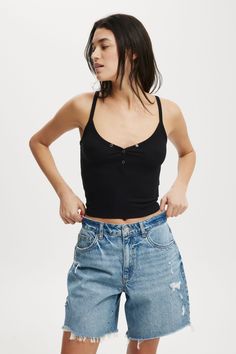 MID DENIM SHORT Jorts Women, Casual Denim Skirt, Tank Top And Shorts, Midi Denim, Pullover Cardigan, Shorts Skirts, Shorts Denim, Leather Denim, Festival Looks