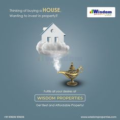 an advertisement for a real estate with a house in the clouds and a teapot