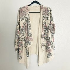 Soft Surroundings Ultra Soft Floral Waterfall Cardigan Size S Faux Micro Suede Spring Faux Wrap Cardigan, Floral Print Long Sleeve Fall Cardigan, Fall Floral Print Long Sleeve Cardigan, Long Sleeve Floral Print Fall Cardigan, Fall Floral Print Open Front Cardigan, Chic Floral Print Cardigan For Fall, Cream Floral Print Outerwear For Fall, Floral Print Cardigan For Fall Layering, Floral Print Cardigan For Day Out In Fall