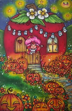 a painting with pumpkins on the ground in front of a house