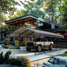 a truck is parked in front of a house with a carport attached to it