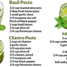 the ingredients for basil pesto are shown in three different jars and labeled on each side