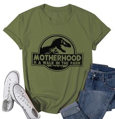 PRICES MAY VARY. MATERIAL: This mama funny shirt is made of 60% Polyester 35% Cotton 5% Spandex, soft and comfortable. Recommend wash in cold water in order to protect the color and pattern. SUITABLE ACCASIONS: Mamasaurus dinosaur t-shirt,dinosaur mom shirt,short sleeve, o neck, light weight and comfy to wear in summer, fall, spring, winter women short sleeve tops. Super soft and comfortable to wear. EASILY PAIR WITH: This cute dinosaur mom shirt is ideal to pair with jeans, shorts or trousers. Funny Pregnancy Shirts, Mom Graphic Tees, Hawaiian Shirt Women, Dinosaur Shirt, Mama Tee, Tshirt Funny, Walk In The Park, Cute Dinosaur, Pregnancy Shirts