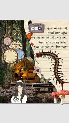 a collage of clocks, insects and a woman's face in front of a forest scene